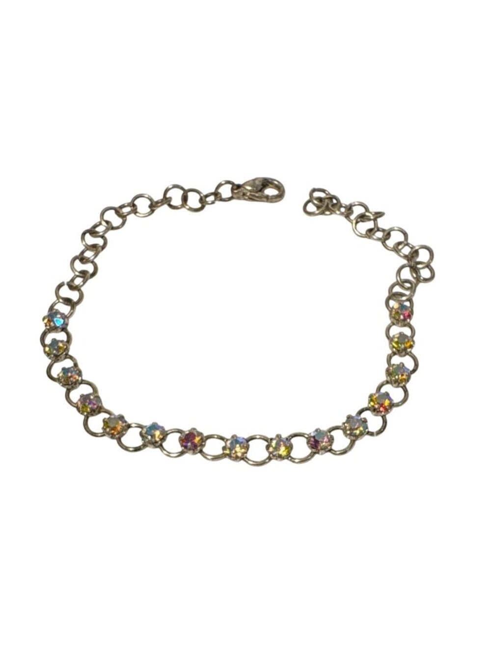 Vintage Silver Tone Bracelet Aurora Borealis Rhinestones Lobster Clasp 7.5"